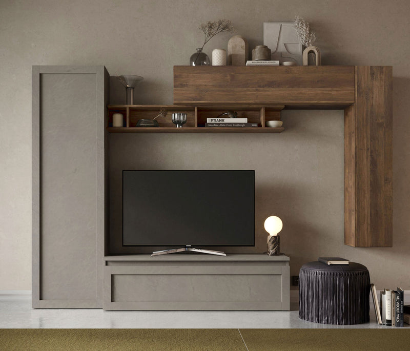 parete moderna soggiorno con base tv pensili e mobile colore argilla e mercure