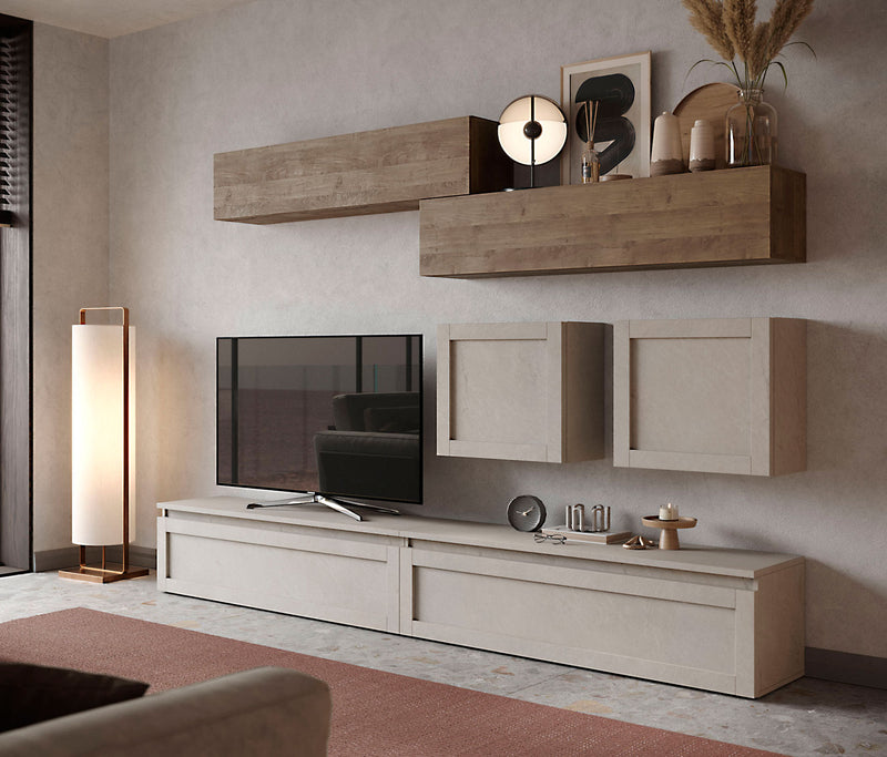 parete moderna da soggiorno in legno base tv e pensili colore rovere mercure e argilla