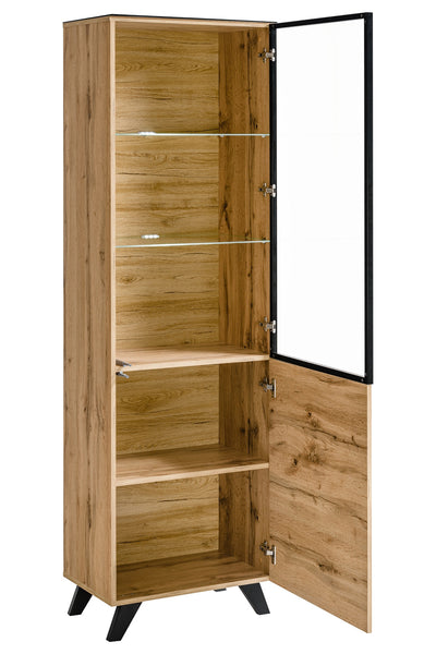 Vetrina alta due ante in legno naturale stile industriale con luci a led cm 60x40x197h