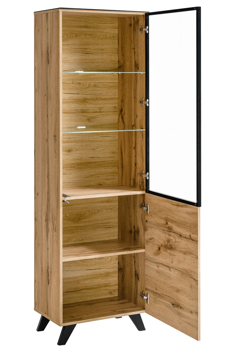 Vetrina alta due ante in legno naturale stile industriale con luci a led cm 60x40x197h