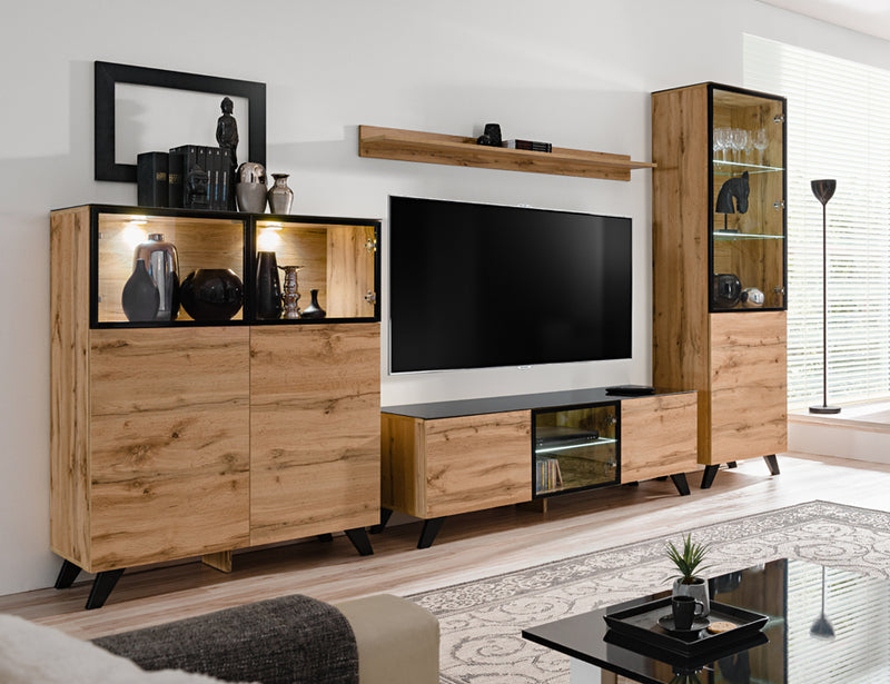 Mobile living basso porta tv stile industrial in legno naturale con vetrinetta cm 150x45x47h