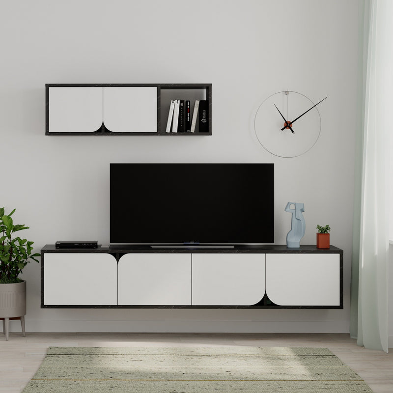 Parete attrezzata moderna sospesa con mobile tv a 4 ante con apertura a libro e mensola con ante e vano a giorno, disponibile in vari colori 