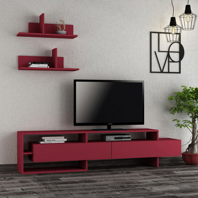 Parete attrezzata stile moderno in legno con mobile tv a due ante a ribalta e vani a giorno dal design geometrico e due mensole superiori, disponibile in : ciliegia opaco, antracite scuro opaco, tortora chiaro opaco e bianco opaco