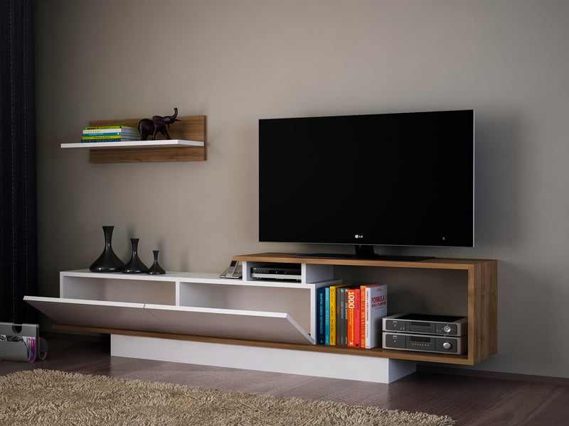 Parete attrezzata design elegante in legno con mobile tv a 2 ante a ribalta e mensola