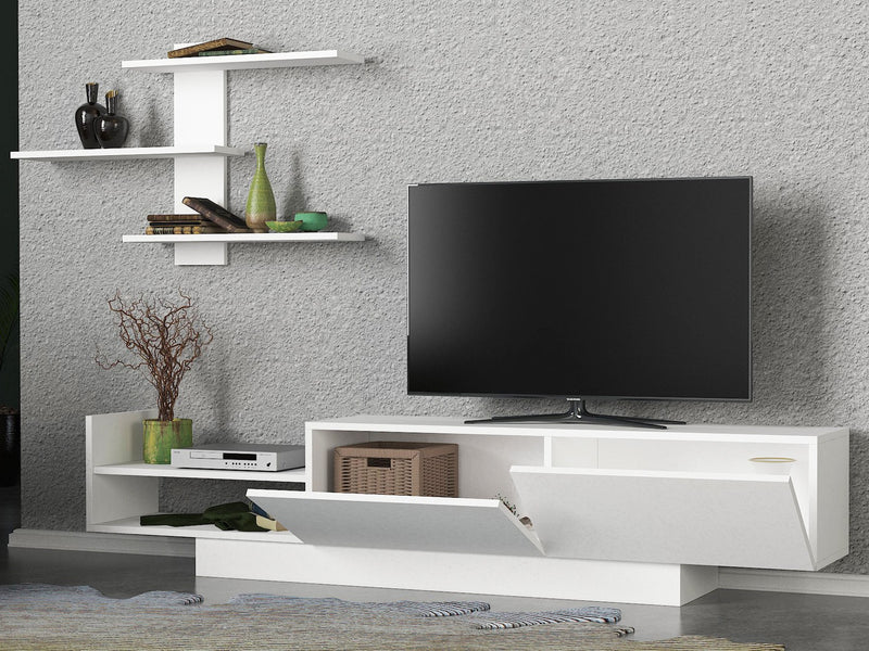Composizione moderna per soggiorno 2 pezzi mobile tv e mensola da parete in legno