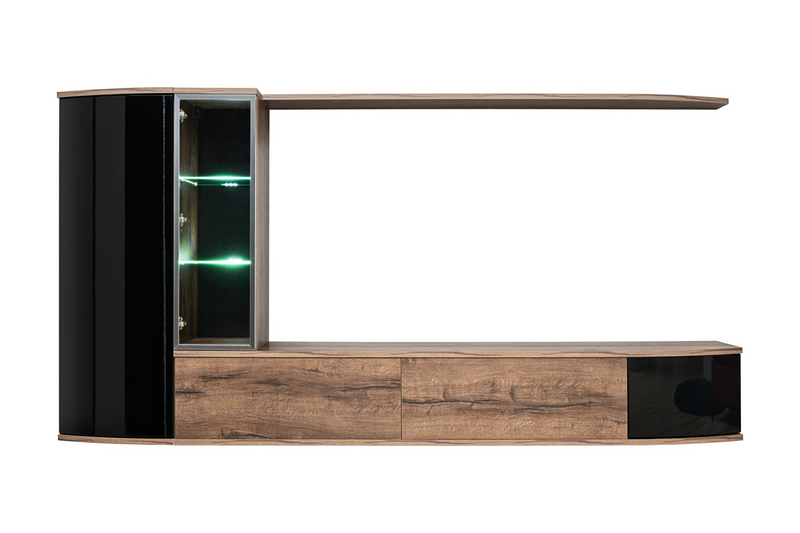 Alison - Parete attrezzata moderna sospesa con vetrina a led colore nero lucido e rovere scuro