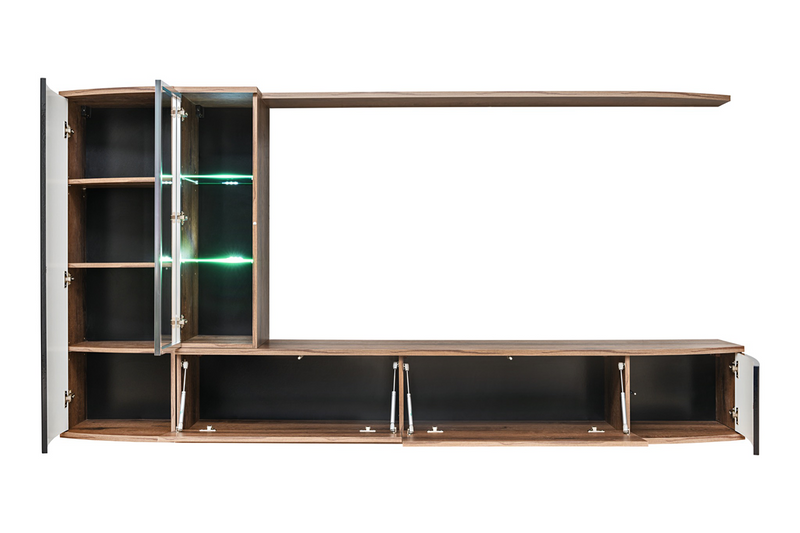 Alison - Parete attrezzata moderna sospesa con vetrina a led colore nero lucido e rovere scuro