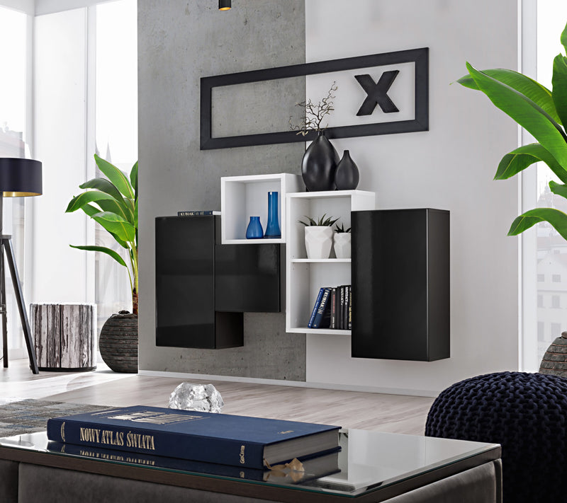 parete attrezzata moderna con pensili e scaffali colore bianco e nero