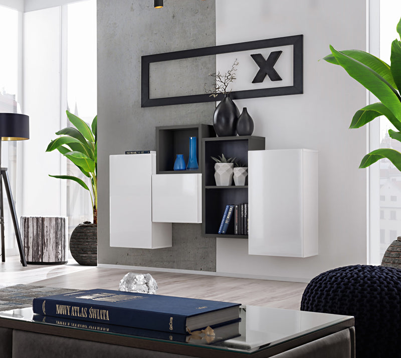 parete attrezzata moderna con pensili e scaffali colore bianco e nero