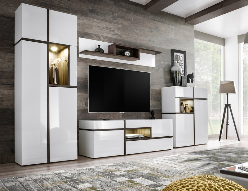 Tomeo - Porta tv moderno con luce a led bianco lucido e wengè cm 150x50x52h