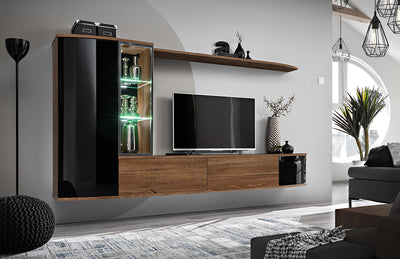 Alison - Parete attrezzata moderna sospesa con vetrina a led colore nero lucido e rovere scuro