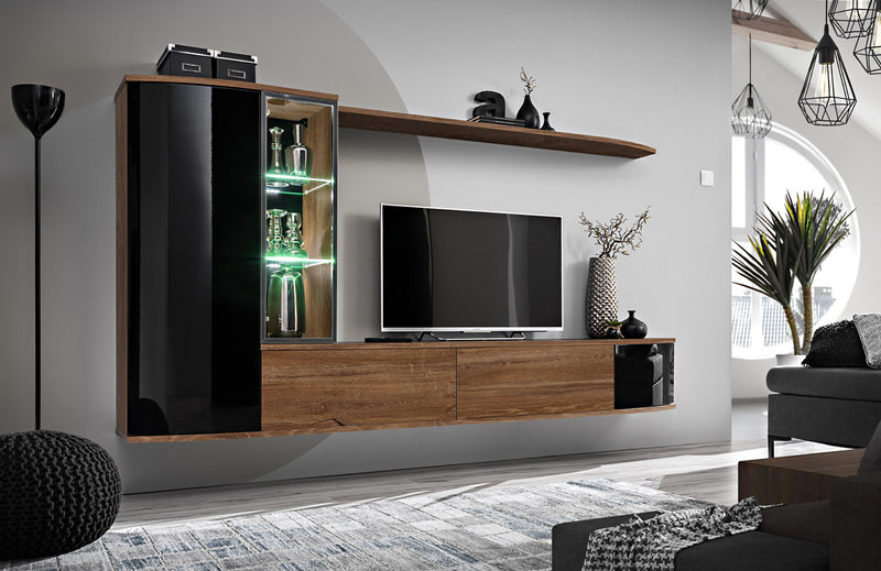 Alison - Parete attrezzata moderna sospesa con vetrina a led colore nero lucido e rovere scuro