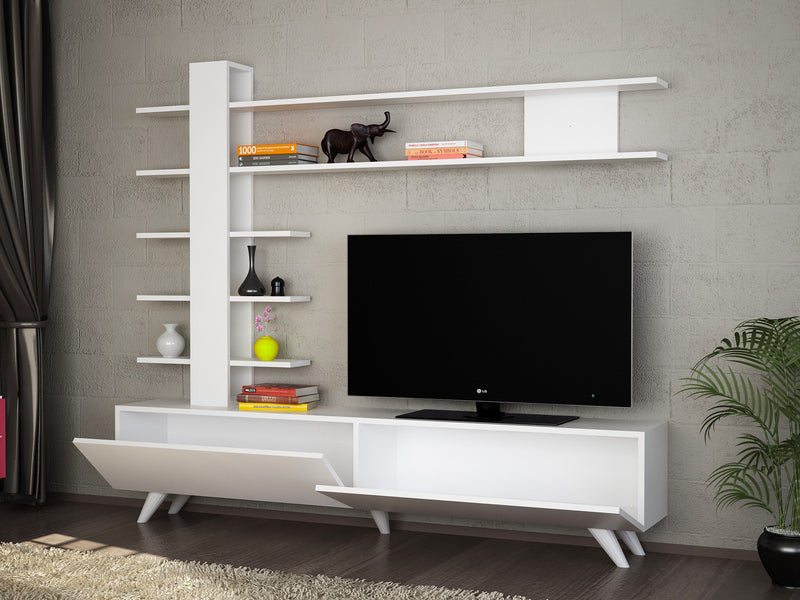 Composizione design da parete per soggiorno in legno colore bianco cm 180x32x162h