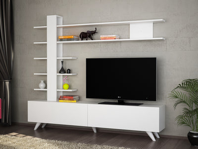 Composizione per soggiorno, parete attrezzata in legno color bianco opaco con mobile tv a 2 ante a ribalta e scaffale libreria a 3 ripiani, con mensola alta lunga a 2 ripiani. Dimensioni cm 180x32x162h