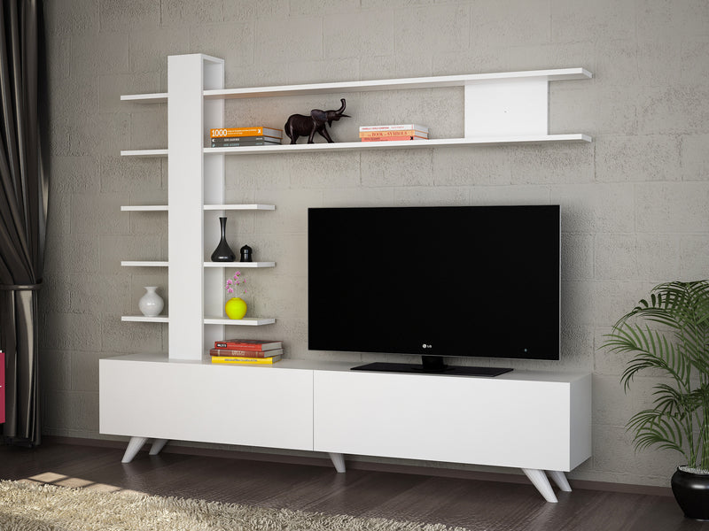 Composizione per soggiorno, parete attrezzata in legno color bianco opaco con mobile tv a 2 ante a ribalta e scaffale libreria a 3 ripiani, con mensola alta lunga a 2 ripiani. Dimensioni cm 180x32x162h