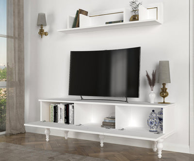 Parete attrezzata moderna con mobile tv a 3 ante e mensola da parete bianco e oro