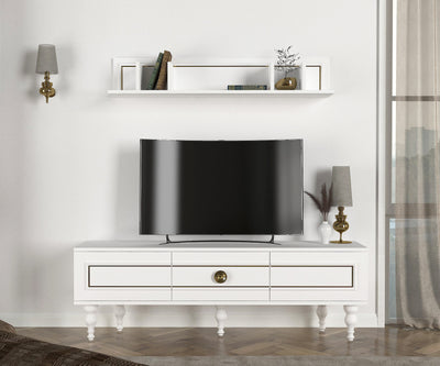 Parete attrezzata moderna in legno bianco opaco e oro lucido, mobile tv con 3 ante a ribalta e mensola a 5 vani a giorno