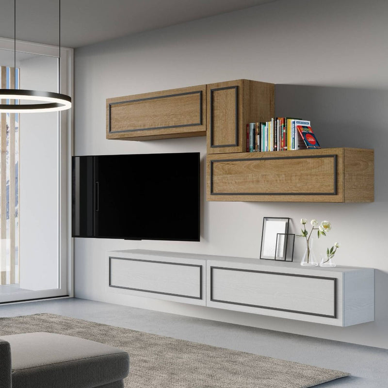 Deanna Evo - Parete design moderno per living bianco e quercia