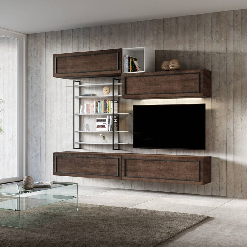 Bozena Evo - Parete moderna da soggiorno con pensili in legno colore noce e bianco