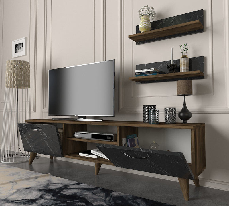 Parete attrezzata design mobile tv a 2 ante e 2 mensole effetto marmo lucido - vari colori