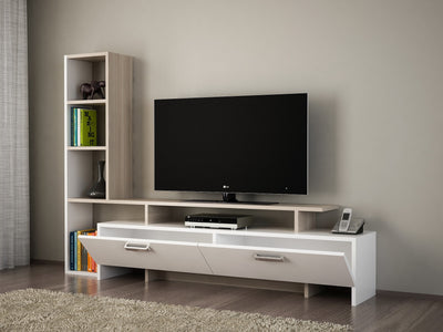 Composizione parete attrezzata design con mobile tv e libreria in legno bianco e cordoba