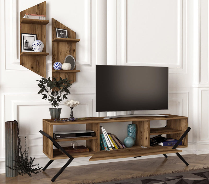 Parete attrezzata design unico in legno e metallo con mobile tv e 2 mensole da parete