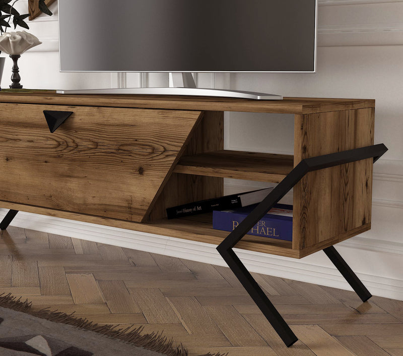 Parete attrezzata design unico in legno e metallo con mobile tv e 2 mensole da parete