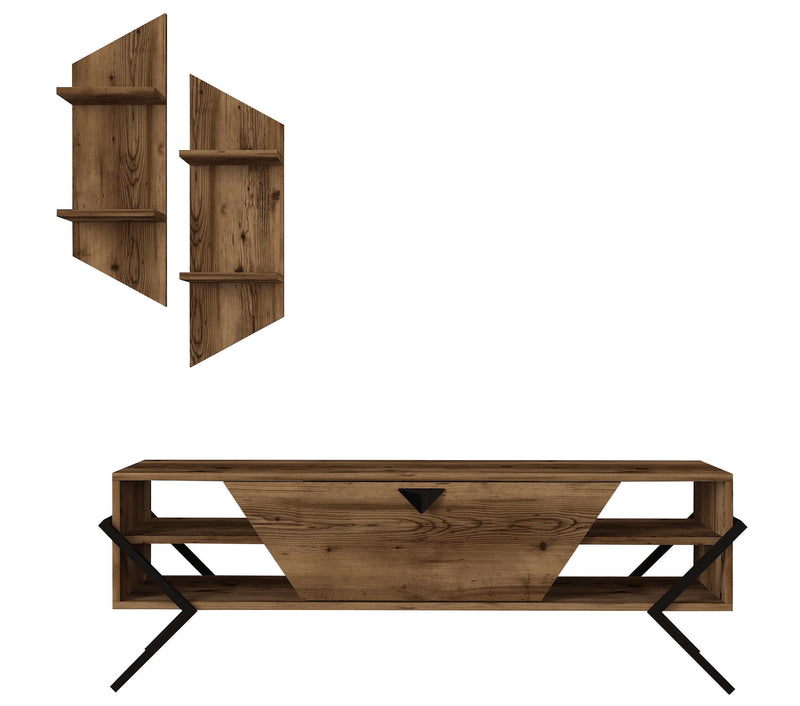 Parete attrezzata design unico in legno e metallo con mobile tv e 2 mensole da parete