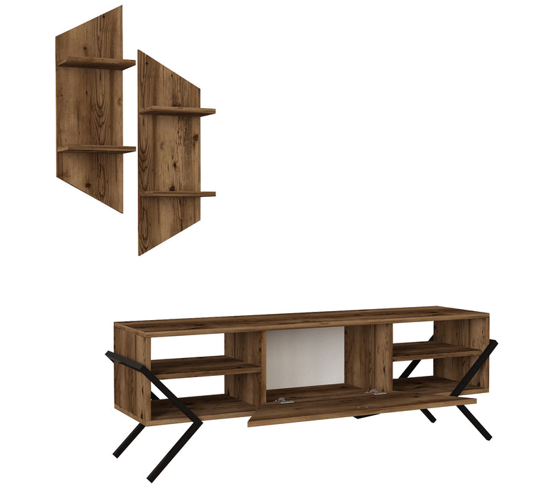 Parete attrezzata design unico in legno e metallo con mobile tv e 2 mensole da parete
