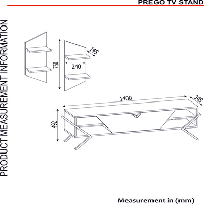 Parete attrezzata design unico in legno e metallo con mobile tv e 2 mensole da parete