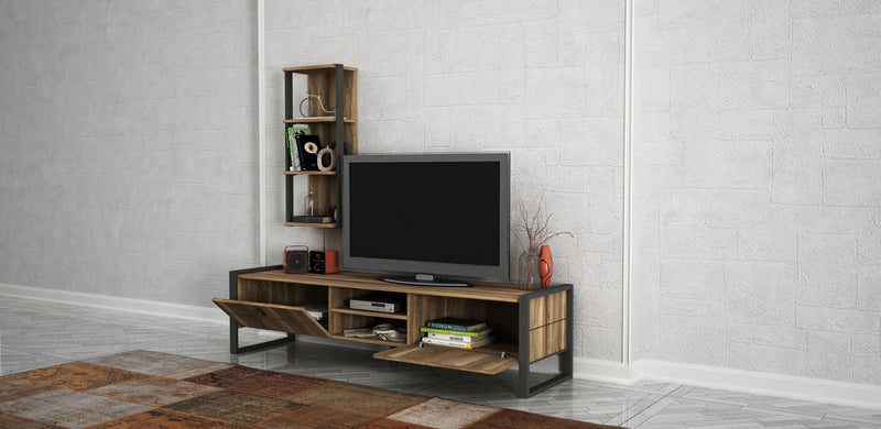 Parete attrezzata stile vintage in legno con mobile tv a 2 ante e scaffale mensola da muro - vari colori