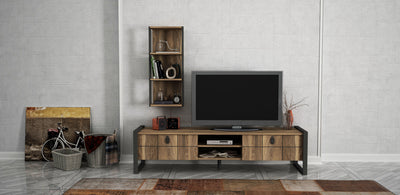 Parete attrezzata in stile vintage in legno con mobile tv a 2 ante e 2 vani a giorno, scaffale libreria a 3 mensole. Gambe in metallo, colori: noce scuro opaco dai toni freddi e antracite opaco