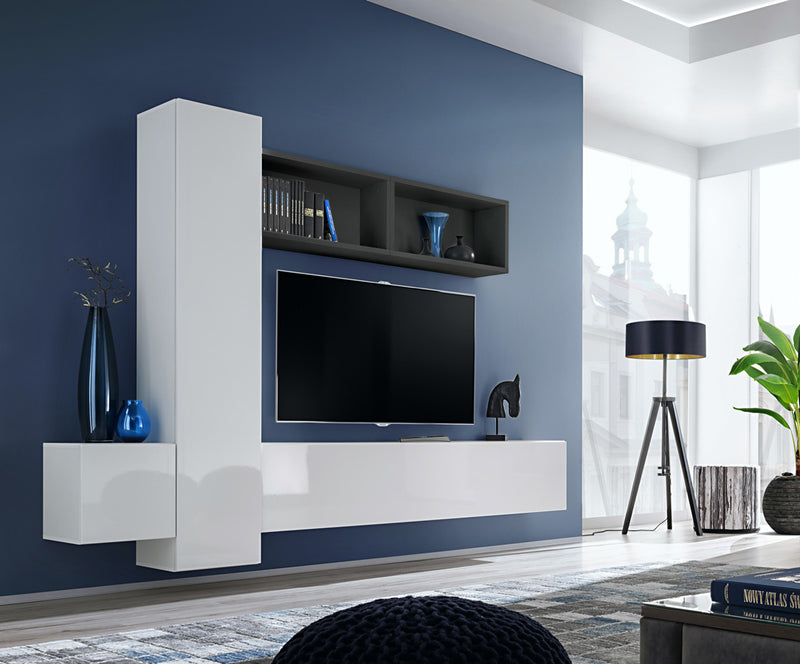 Priamo - Parete moderna attrezzata con pensili sospesi e scaffale - vari colori