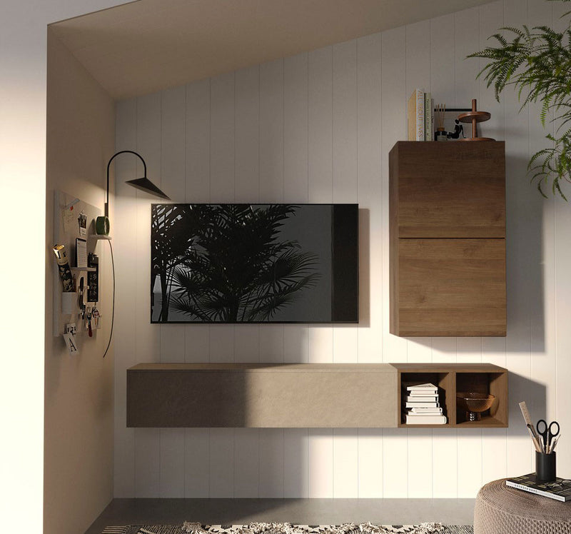 parete sospesa da soggiorno moderna con 2 cubi e pensile colore rovere Mercure e argilla