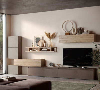parete moderna da soggiorno con mobile tv pensili colore rovere chiaro Cadiz bronzo e argilla