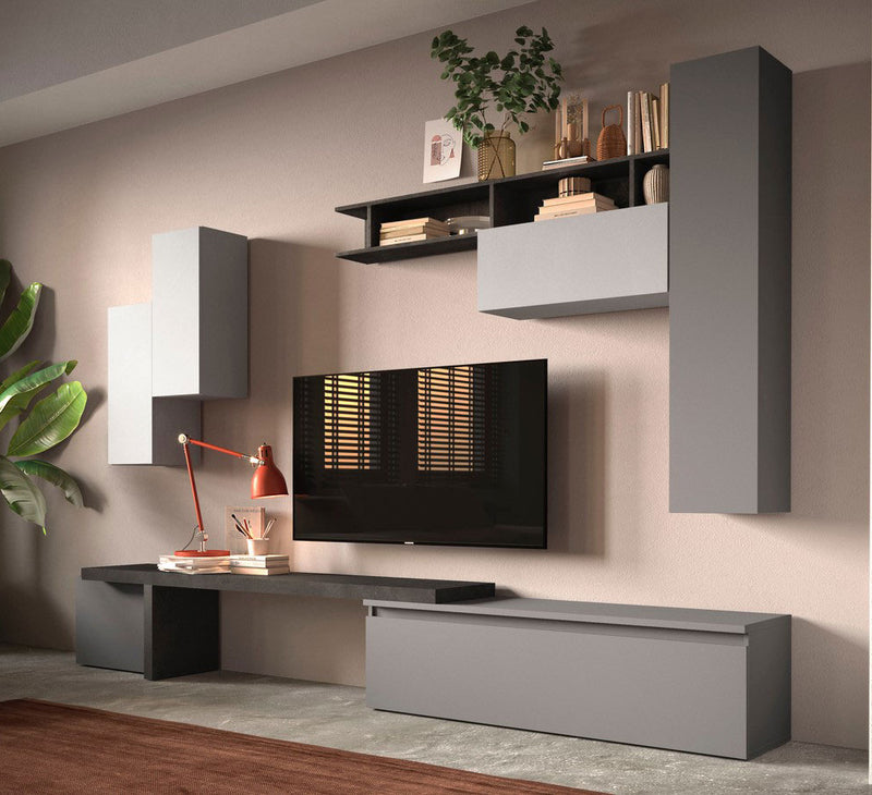 parete moderna componibile con base tv pensili colore ardesia gesso e piombo