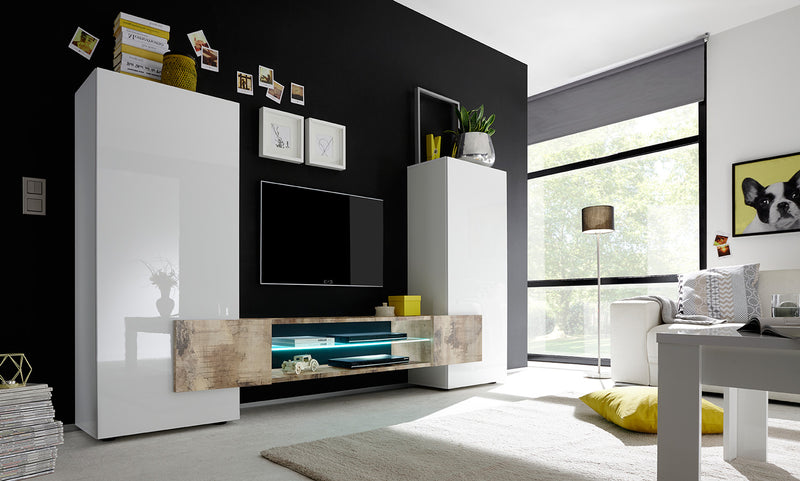 Gioviano - Parete attrezzata moderna con mobile porta tv bianco lucido - vari colori