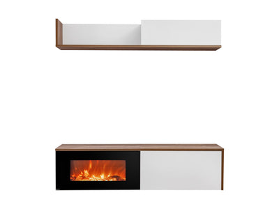 parete sospesa da soggiorno con camino elettrico bianco opaco e noce