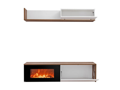 parete sospesa da soggiorno con camino elettrico bianco opaco e noce