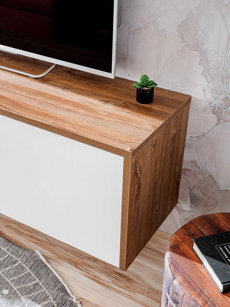 parete sospesa da soggiorno con camino elettrico bianco opaco e noce