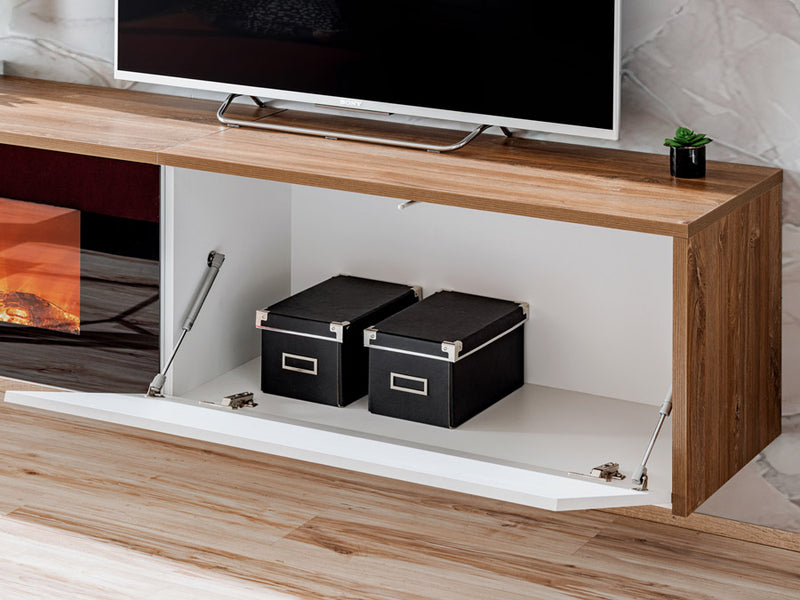 parete sospesa da soggiorno con camino elettrico bianco opaco e noce