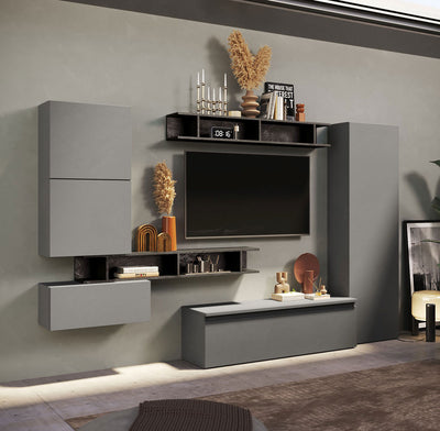 parete design da salotto con base mobile alto e pensili colore ardesia e piombo
