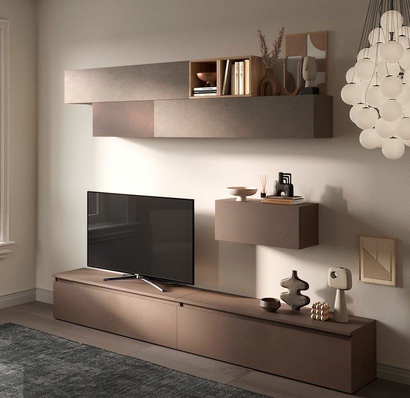 parete design da salotto con base tv e pensili colore argilla e bronzo