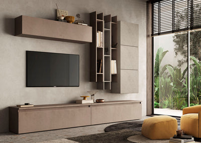 Benin - Parete design da salotto soggiorno con mobile tv e libreria - vari colori