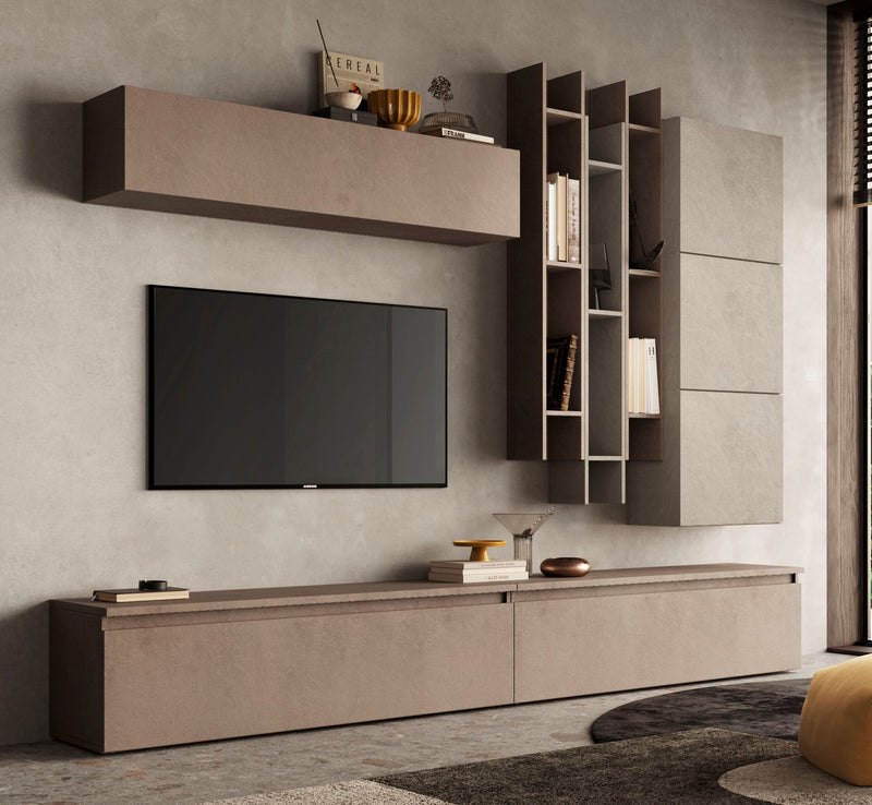 Benin - Parete design da salotto soggiorno con mobile tv e libreria - vari colori
