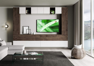 parete living componibile sospesa in legno bianco e noce