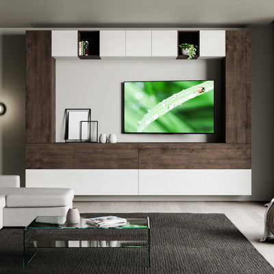 parete living componibile sospesa in legno bianco e noce
