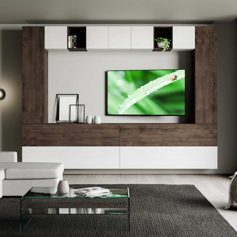 parete living componibile sospesa in legno bianco e noce