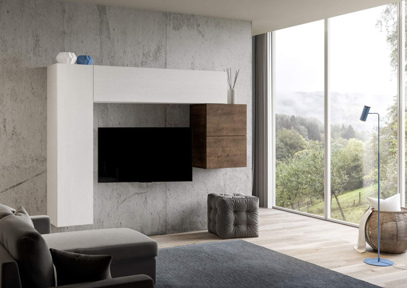 parete soggiorno sospesa in legno noce e bianco