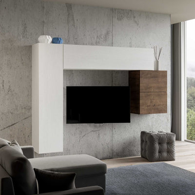 parete soggiorno sospesa in legno noce e bianco